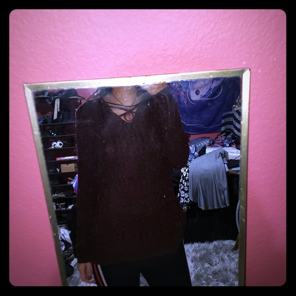 Maroon red long sleeve sweater with cross on chest
